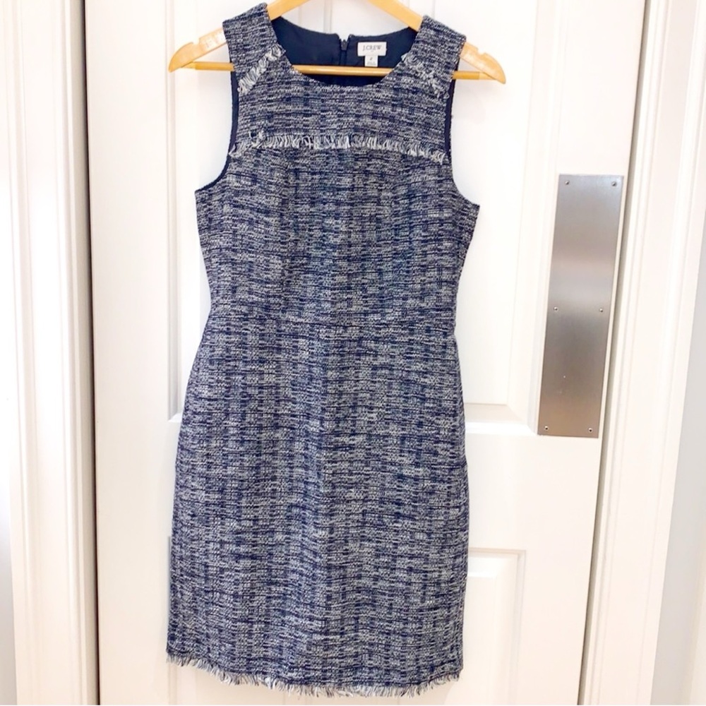 J Crew Factory Dress Navy Blue White Tweed Fringe Metallic Sheath Womens Size 2